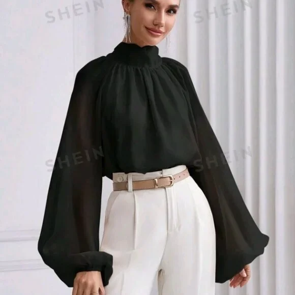 SHEIN Prive` Women's Stand Collar Raglan Lantern Sleeve Shirt - Picture 5 of 7